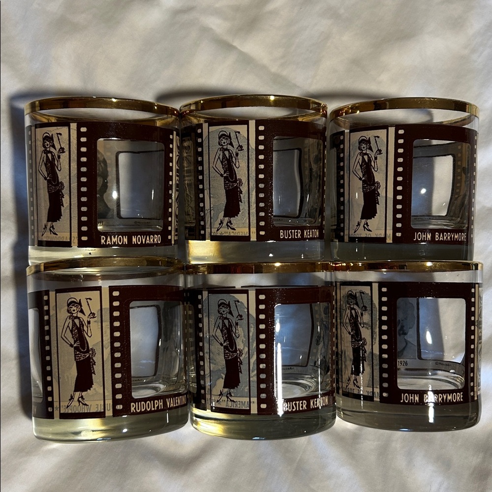 Vintage Movie Star roaring 20s Glasses Set with Gold Accents lot (6)